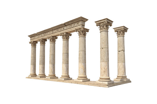 A partially visible Greek temple with intricate column designs and detailed entablature, angled for a perspective of architectural depth. Isolated on a transparent background