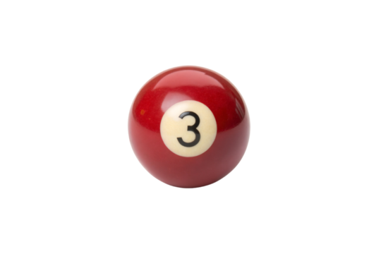 A polished red billiard ball featuring the number three. Isolated on a transparent background