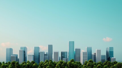 A modern city skyline with various skyscrapers under a clear blue sky, surrounded by lush greenery.