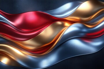 A flowing abstract design of red, gold, and blue ribbons.