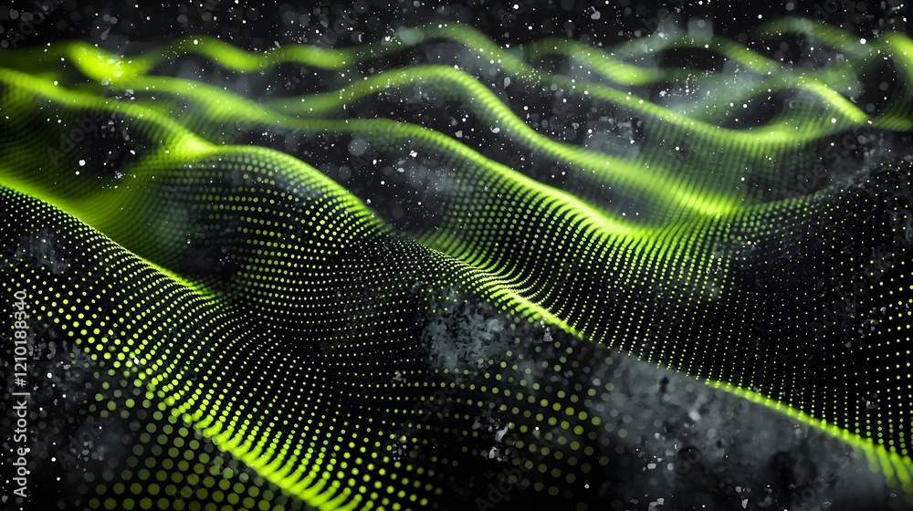Fototapete Glowing neon halftone abstract pattern with fluid grungy dots and waves creating a dynamic futuristic and technologically inspired visual  The abstract design features a dark