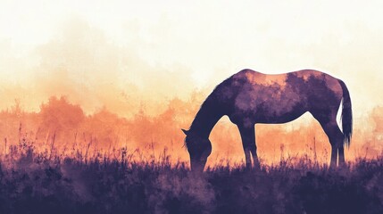 Elegant silhouette of a horse grazing in a golden sunset in a serene countryside landscape