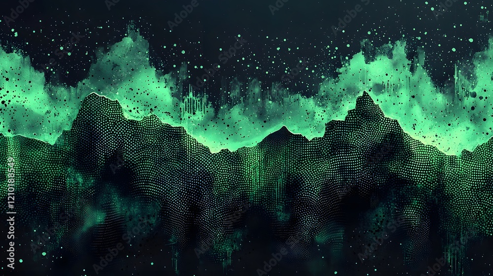 Leinwandbilder futuristic black and green halftone background with distressed grunge dots and glowing cyberpunk sty