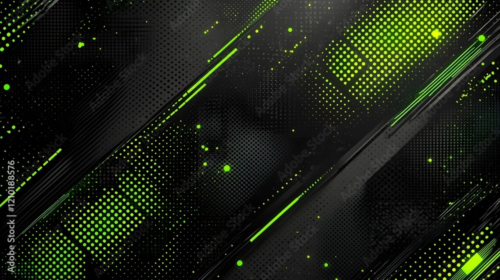 Poster Futuristic black and green halftone background with distressed grunge dots and glowing cyberpunk style elements creating a dynamic and technologically advanced visual effect