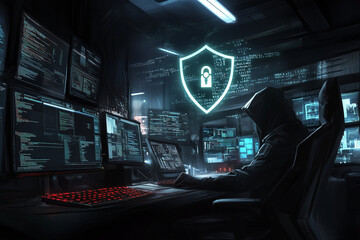 Obraz premium Cybersecurity in action, holographic shield and digital code on screens