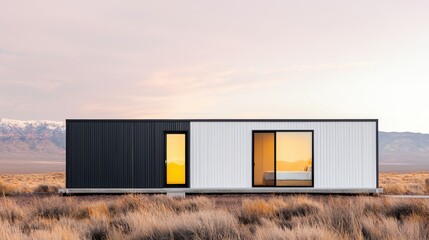 Fototapeta premium A modern container house with sleek design, featuring contrasting black and white panels, situated in a serene, open landscape.