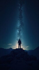 Fototapeta premium Hiker observing milky way galaxy in night sky from mountain peak