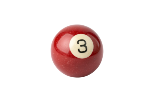 A shiny red billiard ball marked with the number 3, smooth and reflective, ready for a precision shot in a classic game. Isolated on a transparent background