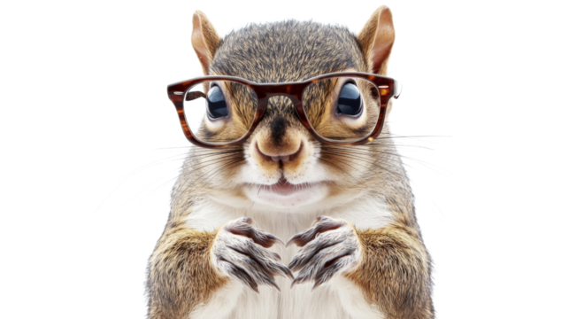 Squirrel wearing glasses, isolated on transparent background