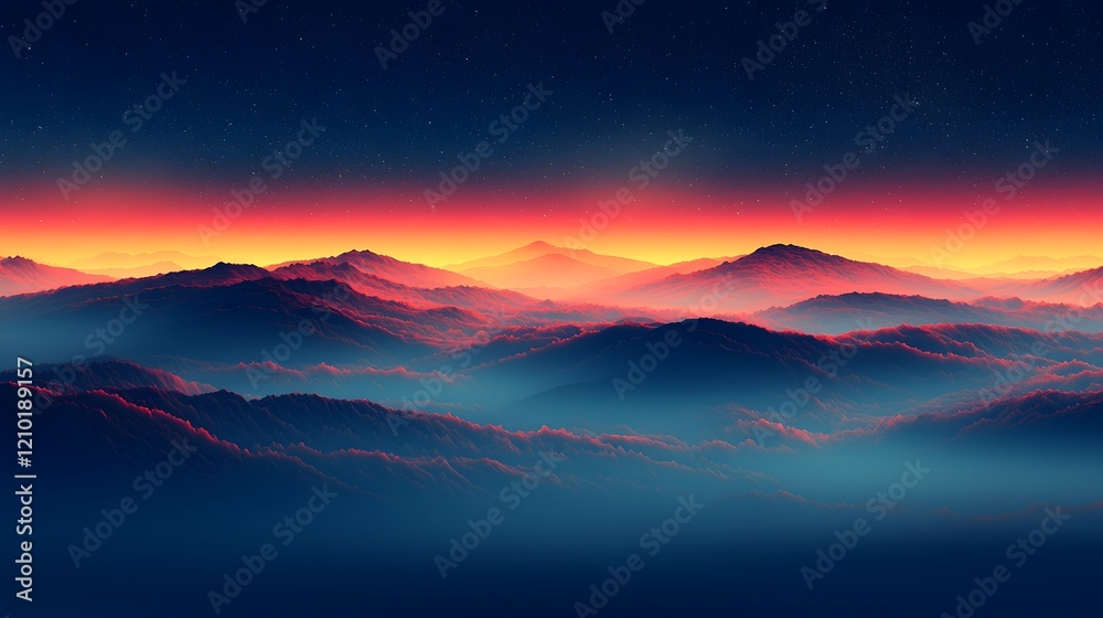 Poster breathtaking panoramic view of a mountain landscape at dusk with a dramatic gradient sky filled with