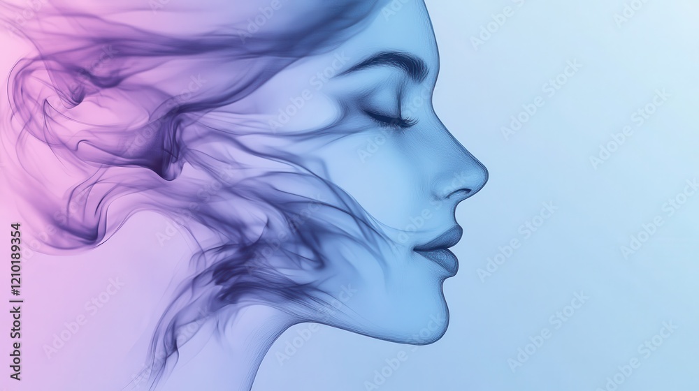 Poster abstract silhouette of a pencil drawing showcasing a face in soft, flowing lines with a gradient bac