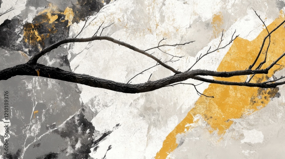 Poster abstract silhouette of a tree branch against a muted background of earthy tones and textured surface