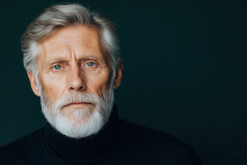 Portrait of an elderly man with a white beard and blue eyes wearing a black turtleneck against a dark background