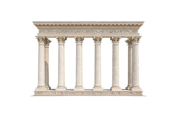 A symmetrical view of a temple’s grand columns and pediment, detailed carvings accentuating its historical and artistic grandeur. Isolated on a transparent background