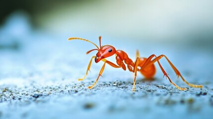Fototapeta premium A close-up image of a red ant crawling on a white background, with its segmented body, antennae, and legs clearly visible.