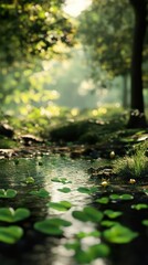 Fototapeta premium Sunlit Forest Stream: A Serene Landscape