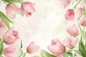 Frame of pink tulips with soft petals and lush green leaves