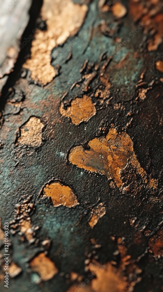 Aufkleber weathered metallic surface displaying warm hues and intricate textures in natural light