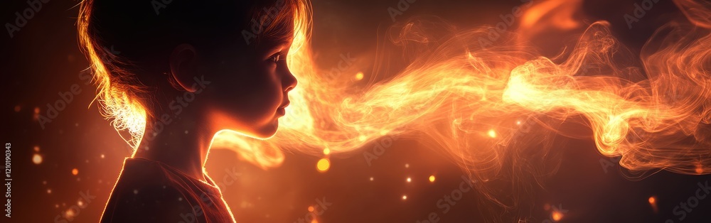 Poster vibrant visualization of a glowing child surrounded by ethereal light and smoke in a captivating set