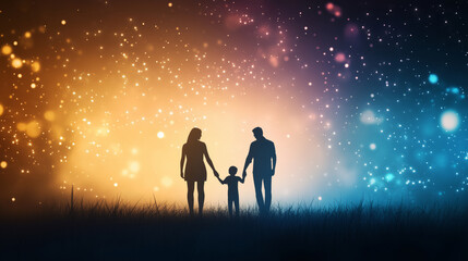 Fototapeta premium A family of three holding hands stands on the grass, with a silhouette effect against a starry sky background. The scene features a glow particle. Brilliant stars twinkle in the night sky.