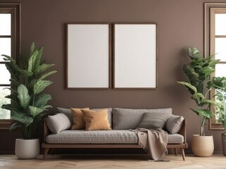 living room with design retro furnitures, plants, shelf, blank poster frame on the Mocha wall
