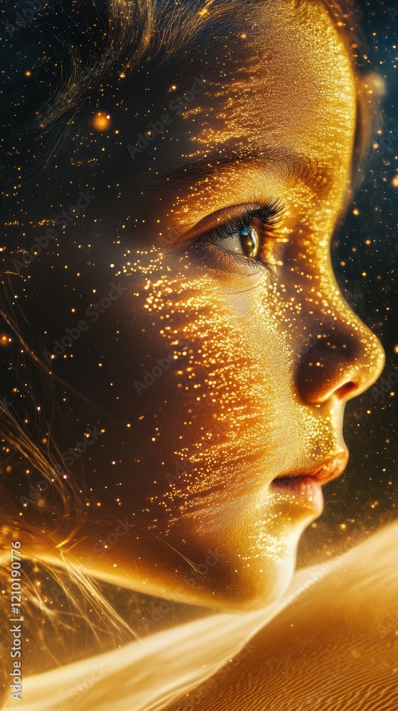 Aufkleber child's face illuminated with vibrant sparkles in a whimsical cosmic setting during golden hour