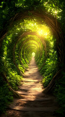 Sunlit Tree Tunnel Path, Fantasy Forest