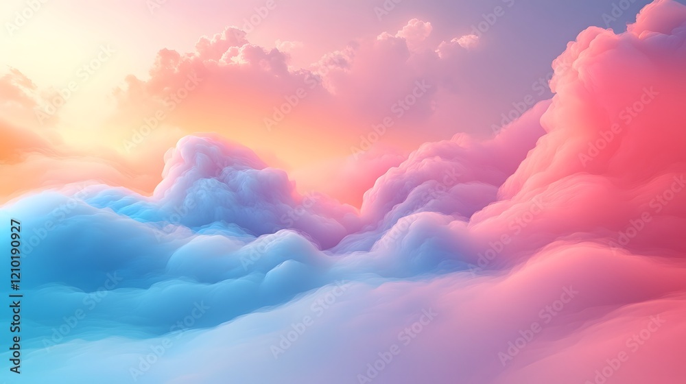 Poster Ethereal pastel gradient background featuring soft hazy clouds in a range of dreamy rainbow colors including blue pink and other vibrant hues with a smooth blurred effect that creates a tranquil