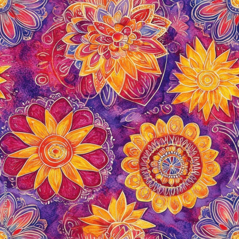 Poster vibrant doodle watercolor flowers creating a colorful artistic pattern on a deep purple background f