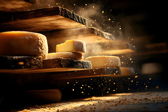 K&auml;se, Reifung, Keller, Holzregal, Licht, Tradition, K&auml;seleib, K&auml;seherstellung, Lebensmittel, Genuss, Produktion, Milch, Rustikal, Atmosph&auml;re, Handwerk, Kulinarik, K&auml;selager, Molkerei, Gourmet, Regiona
