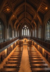 Grand Gothic Library Hall: Serene Wooden Architecture with Stained Glass