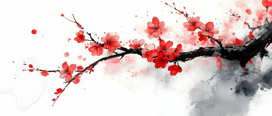 Naklejka premium Red blossoms branch, watercolor, Asian art, white background