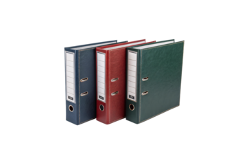 Three sturdy file binders (blue, red, green) with visible stitching detail, showcasing their premium quality and utility. Isolated on a transparent background