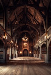 Obraz premium Grand Medieval Library: Dark Wood, Candlelight, and Ancient Books