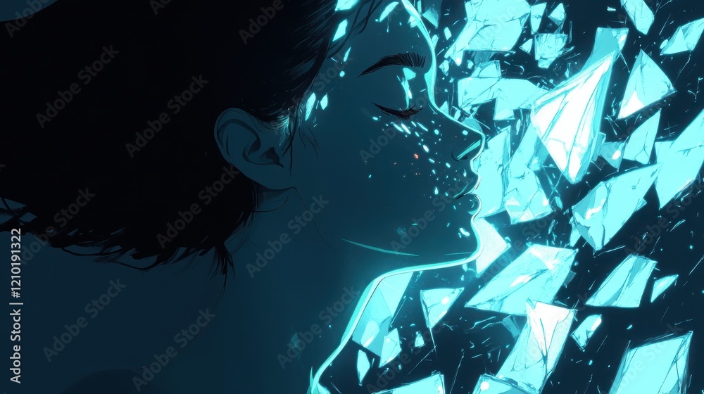 Aufkleber surreal representation of a glowing woman surrounded by fragmented reflections in an ethereal enviro