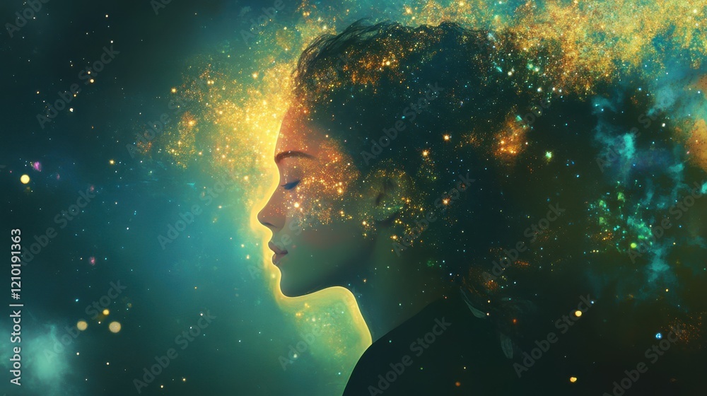 Poster surreal representation of a woman glowing with cosmic elements in a dreamlike atmosphere at twilight