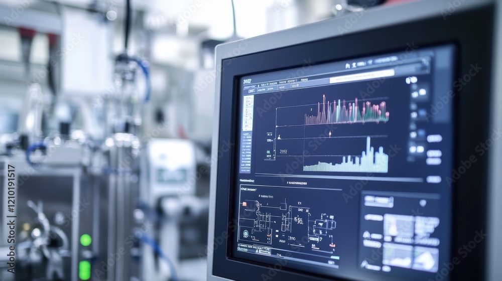 Poster computer monitor displaying real time data and charts for industrial process control, set against a 