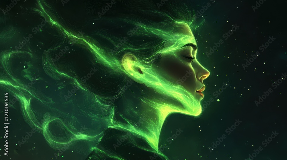 Poster surreal representation of a glowing woman with mystical energy flowing around her in a dark cosmic s