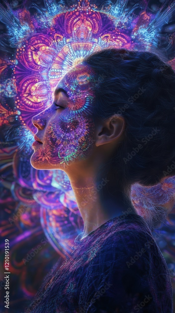 Poster woman radiating light and vivid colors in a surreal, dreamlike environment with intricate patterns a