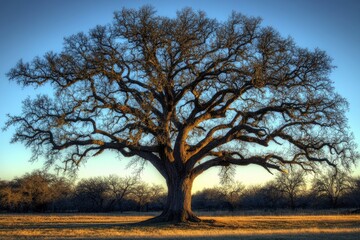 Obraz premium Majestic Oak Tree at Sunset: A Serene Landscape Photograph
