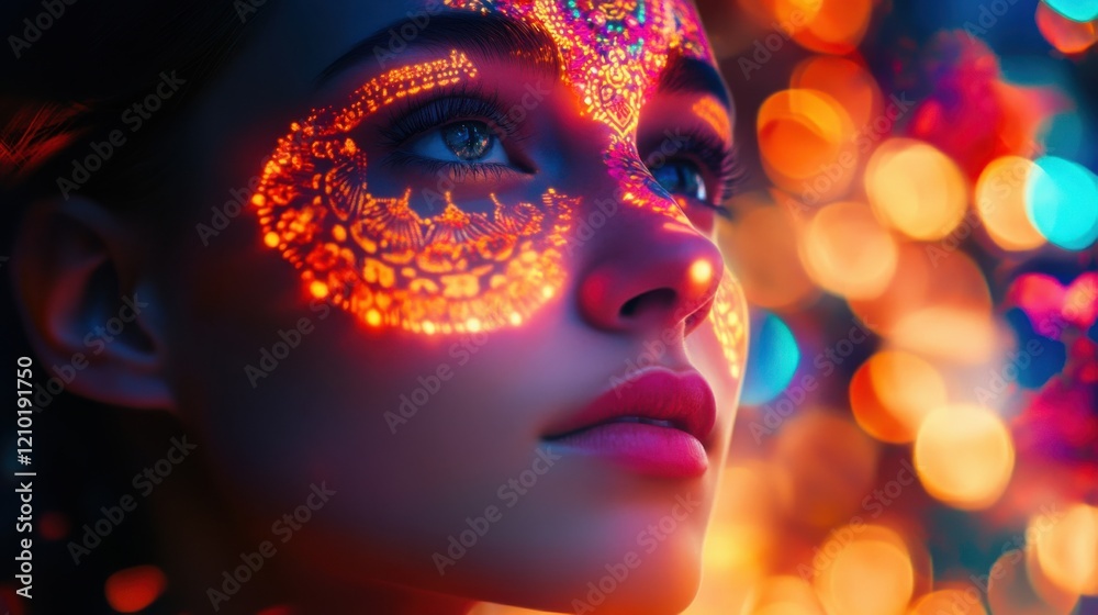 Poster Surreal portrait featuring a woman's face illuminated by vibrant patterns and colors in an abstract setting