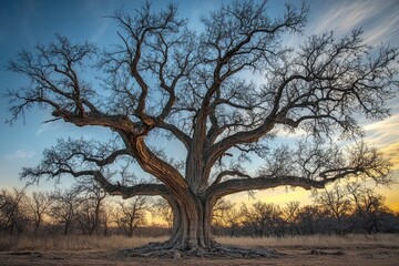 Majestic Old Tree at Sunset: A Serene Landscape Photography
