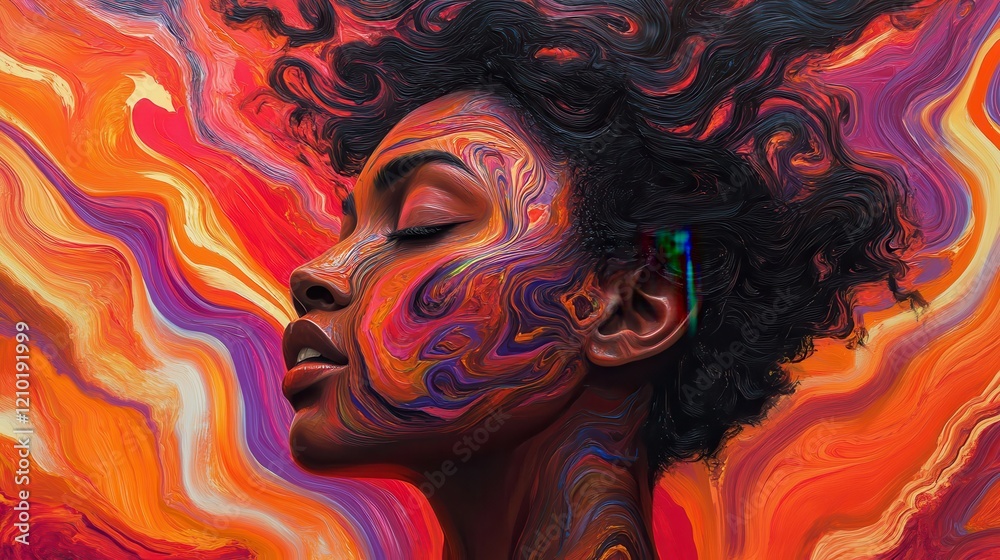 Leinwandbilder Surreal intertwining of a model's face with vibrant colors and abstract textures in a striking artistic composition