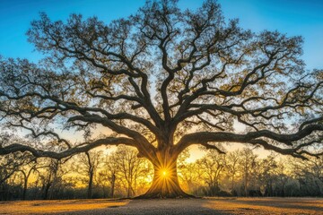 Naklejka premium Majestic Oak Tree Silhouette at Sunset: A Serene Landscape