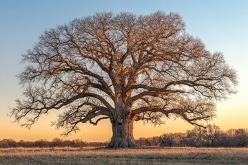 Fototapeta premium Majestic Oak Tree at Sunset: A Serene Landscape Photograph