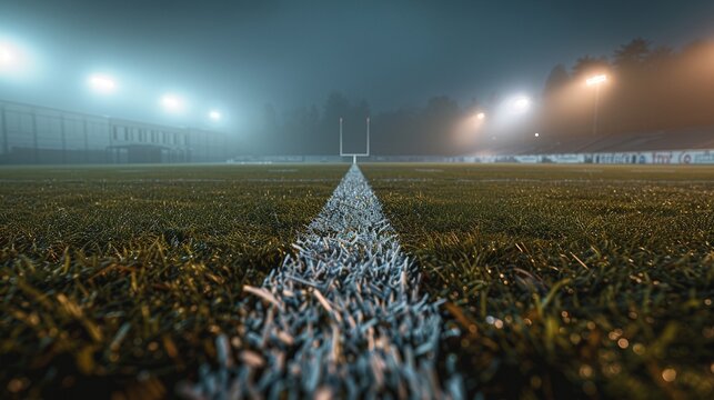 Rugby stadium with fresh grass and marling lines image, ai generated. American football professional stadium at night photography scene wallpaper. Tournament concept photorealistic photo