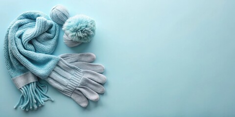 Cozy Winter Accessories Soft Blue Knitted Scarf, Hat, and Gloves on Pale Background
