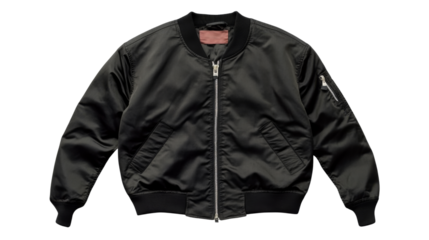 Stylish black bomber jacket with a zip-up front, showcasing a modern look for trendy fashion photography, isolated on transparent background