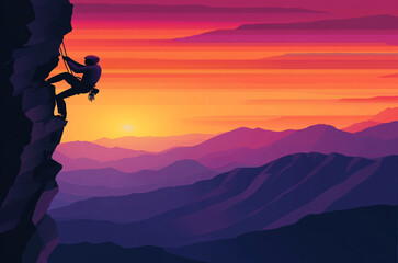 A silhouette of a rock climber scaling a steep cliff during a vibrant sunset, with layered mountain ranges fading into the horizon.