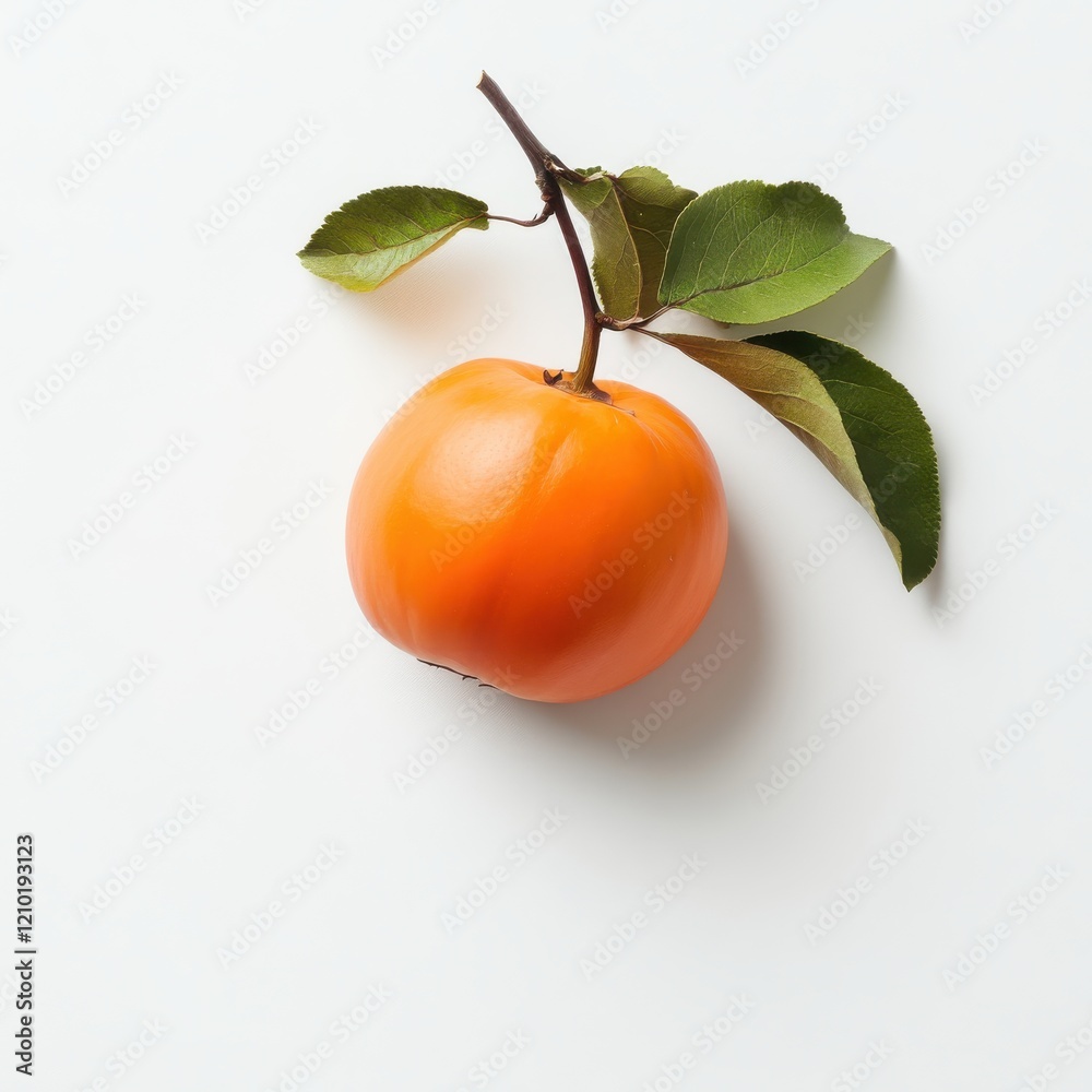Poster fresh persimmon with smooth orange skin resting on a white surface against a simple background